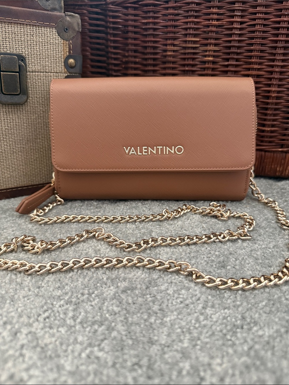 Authentic Valentino Tan Wallet Clutch Or Crossbody with Gold Chain